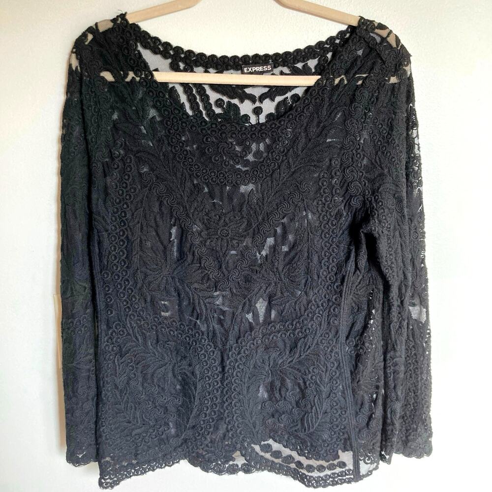 Express Black Sheer Embroidered Mesh Top Size M Witchy Whimsigoth Dark Romantic